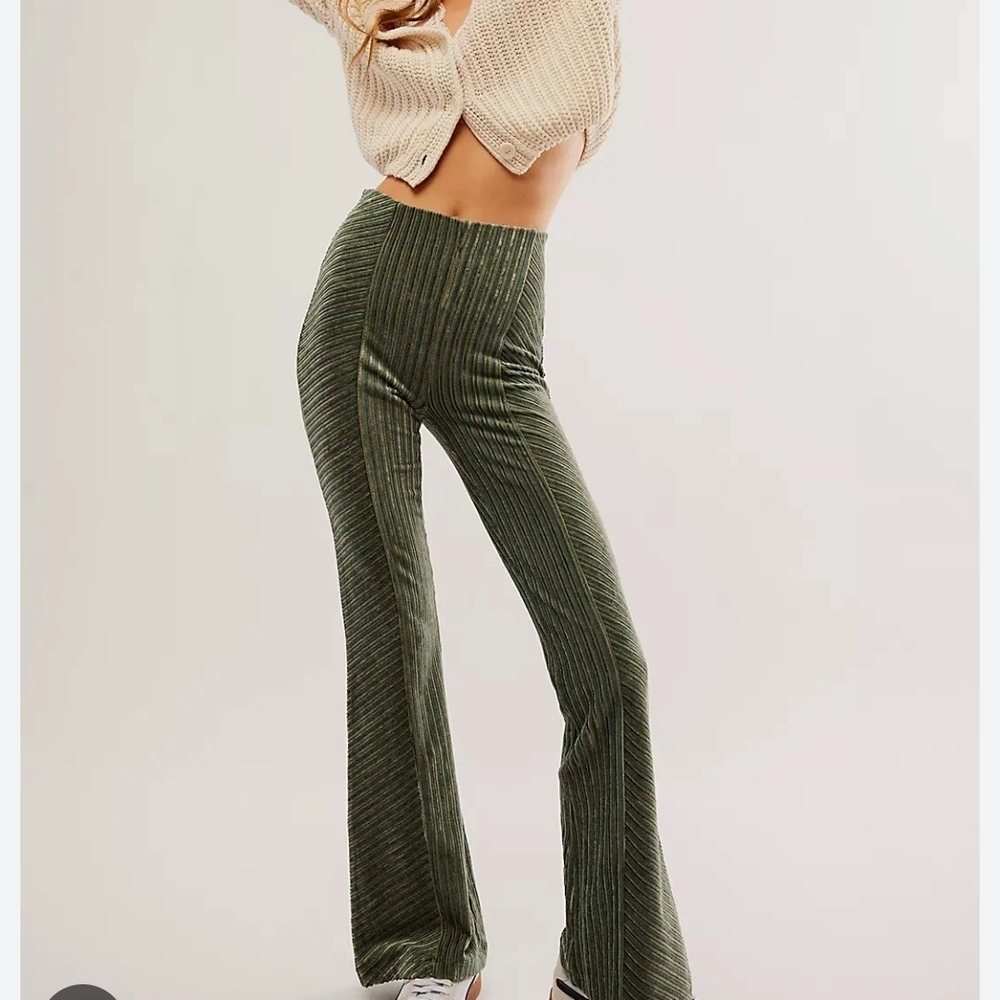 Free People Olive Green Velvet Ribbed Flare Pants XS